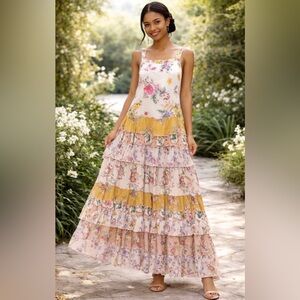 NEW! Beatnik Philosophy Floral Tiered Maxi Dress Yellow Pink SZ S